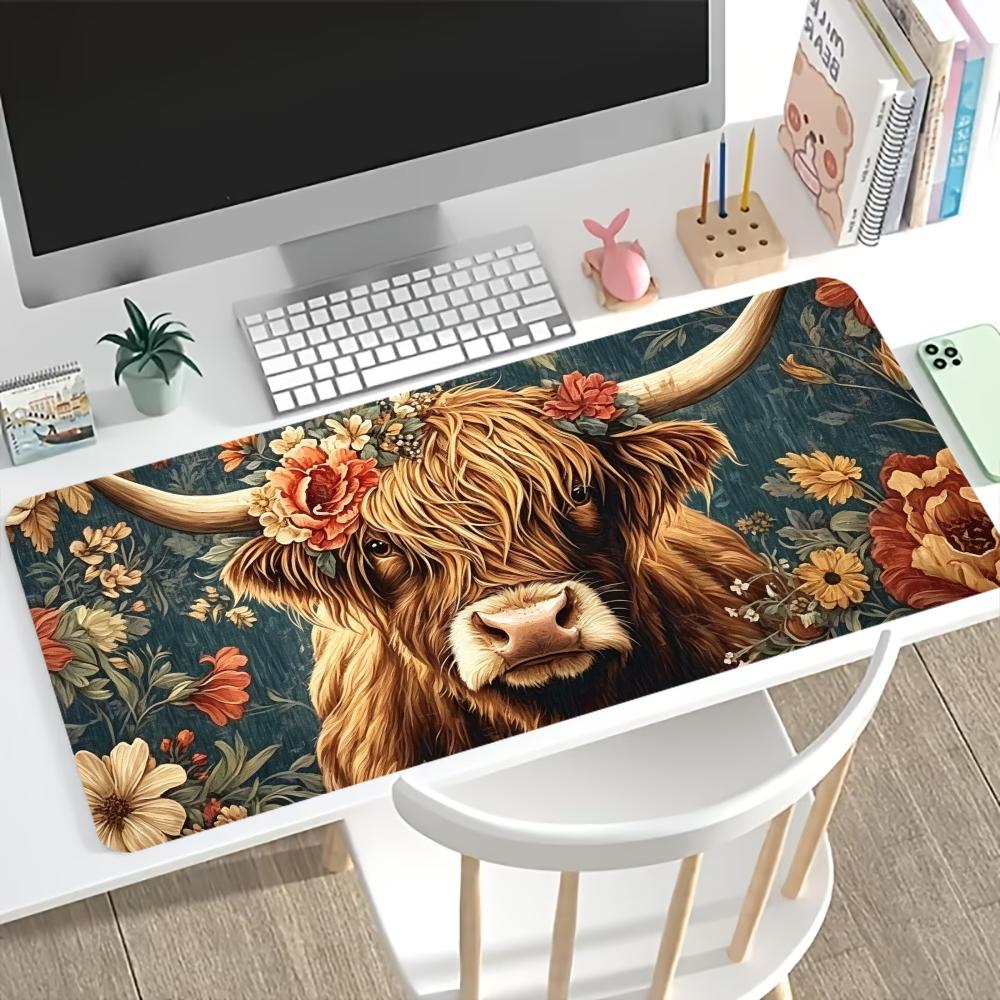 Desk Setup Vintage - แผ่นรองเมาส์ลายวัวไฮแลนด์วินเทจลายดอกไม้ แผ่นรองโต๊ะกันลื่นพร้อมขอบเย็บ สำหรับคอมพิวเตอร์ แล็ปท็อป และการตกแต่งบ้านหรือสำนักงาน
