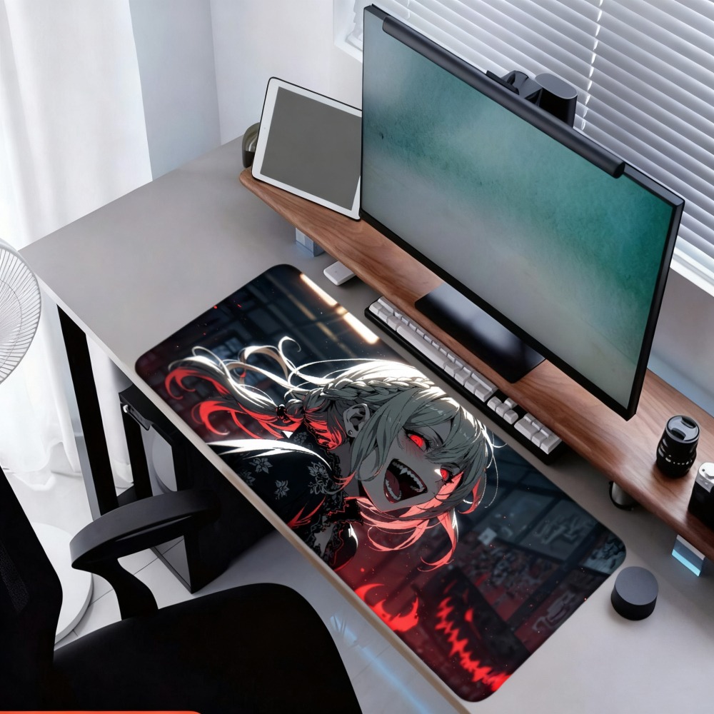 Desk Setup Background - สาวอนิเมะที่มีเปลวไฟสีแดงและดีไซน์พื้นหลังสีเข้ม ชุดอุปกรณ์จัดระเบียบโต๊ะและถาด ของตกแต่งสำหรับเกมเมอร์ แผ่นรองเมาส์สำหรับเล่นเกม