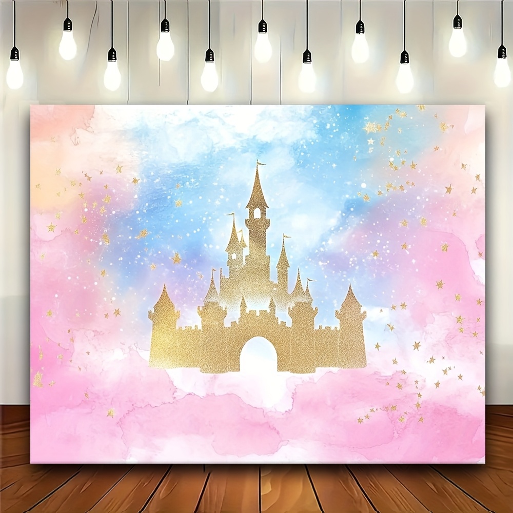 Desk Setup Background - พื้นหลังสายรุ้งสีน้ําปราสาทเจ้าหญิง 1 ชิ้น - พื้นหลังภาพปาร์ตี้ โต๊ะเค้ก