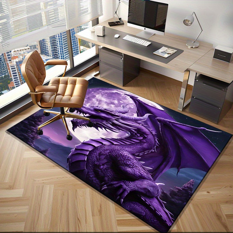Desk Setup Living Room - พรมมังกรสีม่วงอันงดงามสำหรับการจัดห้องเล่นเกม - การตกแต่งด้วยศิลปะแฟนตาซี พรมขนาดใหญ่สำหรับเก้าอี้โต๊ะทำงาน