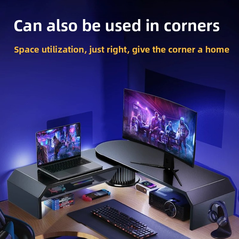 Desk Setup Living Room - ขาตั้งจอภาพคู่สำหรับเล่นเกม ขาตั้งยกจอสำนักงาน ปรับระดับได้ หมุนได้ อุปกรณ์จัดระเบียบโต๊ะทำงานสำหรับจัดวางจอภาพและแล็ปท็อป