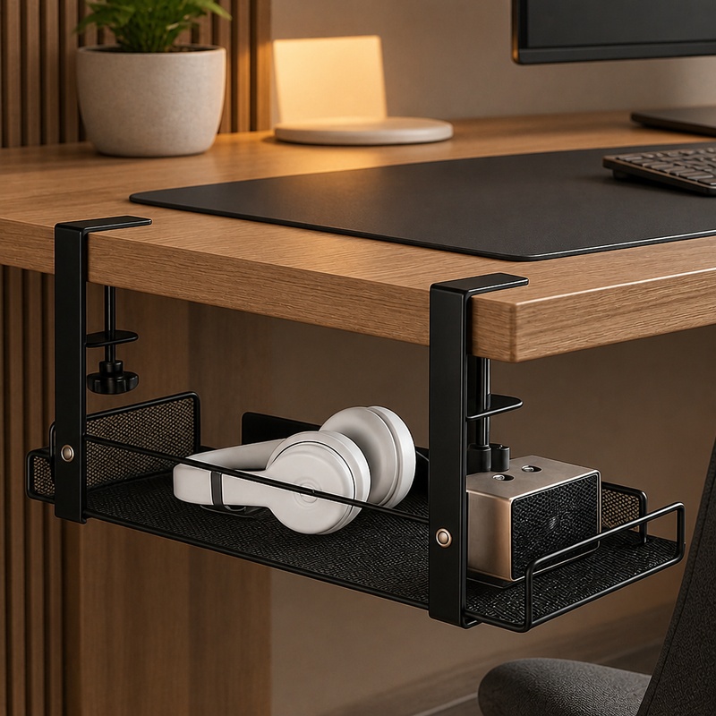 Desk Setup Gear - ถาดจัดการสายไฟใต้โต๊ะทำจากเหล็ก ทนทาน พร้อมชุดจัดระเบียบสายเคเบิลที่ติดตั้งได้โดยไม่ต้องใช้เครื่องมือ