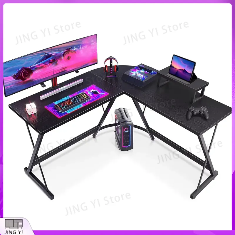 Desk Setup L Shaped - โต๊ะเล่นเกมรูปตัว L พร้อมขาตั้งจอภาพ 127x127x75 ซม. โต๊ะคอมพิวเตอร์สำหรับการตั้งค่าเกม
