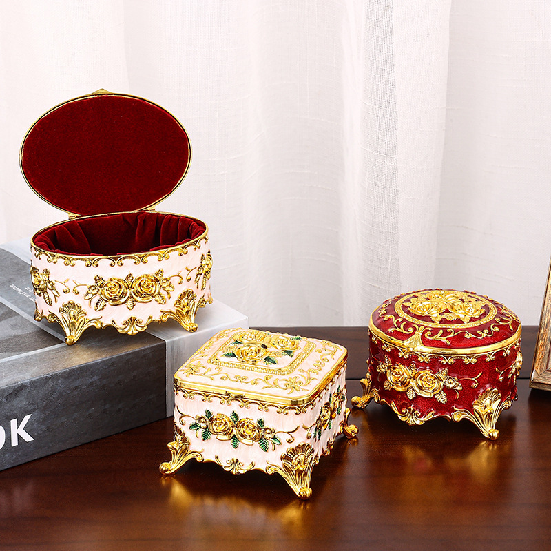Desk Setup Vintage - กล่องเก็บของโลหะเคลือบบนโต๊ะสำหรับตกแต่งบ้านสไตล์วินเทจกล่องเก็บเครื่องประดับกุหลาบของตกแต่งบ้านสุดสร้างสรรค์หรูหรา