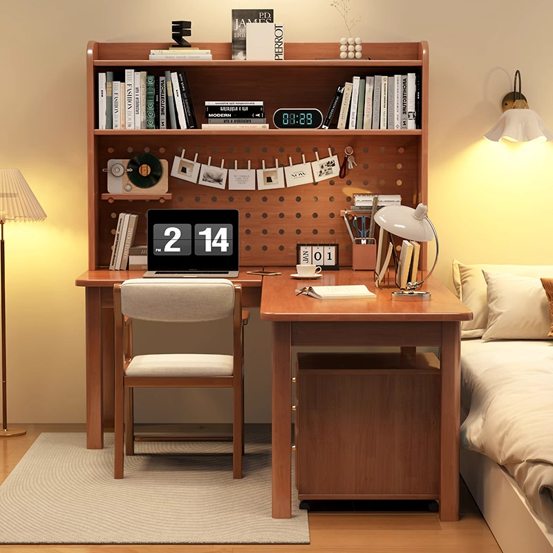 Desk Setup L Shaped - โต๊ะทำงานไม้จริงทรงตัวแอล 7 รูปแบบ พร้อมชั้นวางหนังสือในตัว แผ่นเจาะรู สำหรับใช้ในบ้าน